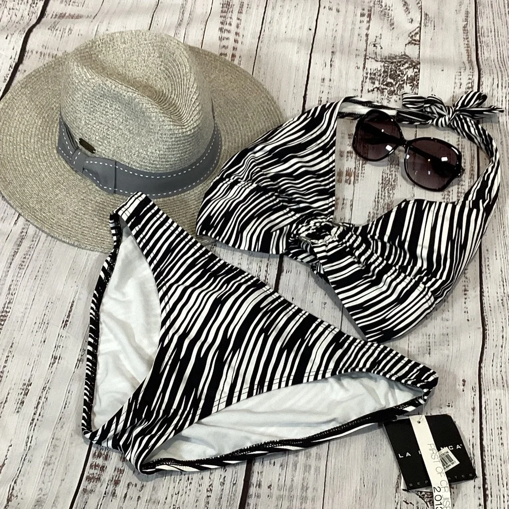 363. LaBlanca Black & White Halter Bikini Set NWT Size 10/12
